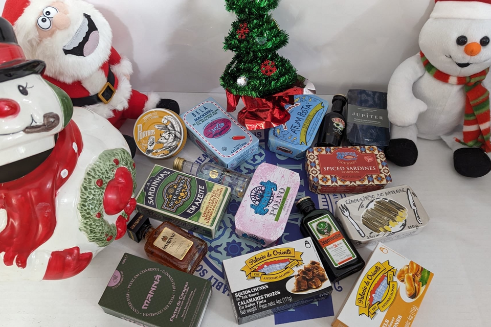 Various products arranged around Christmas decorations